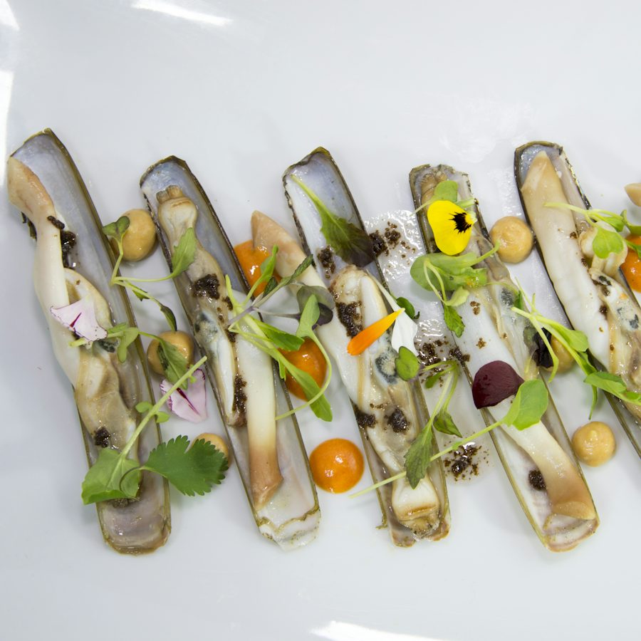 Razor clams with a bright sauce and herbs