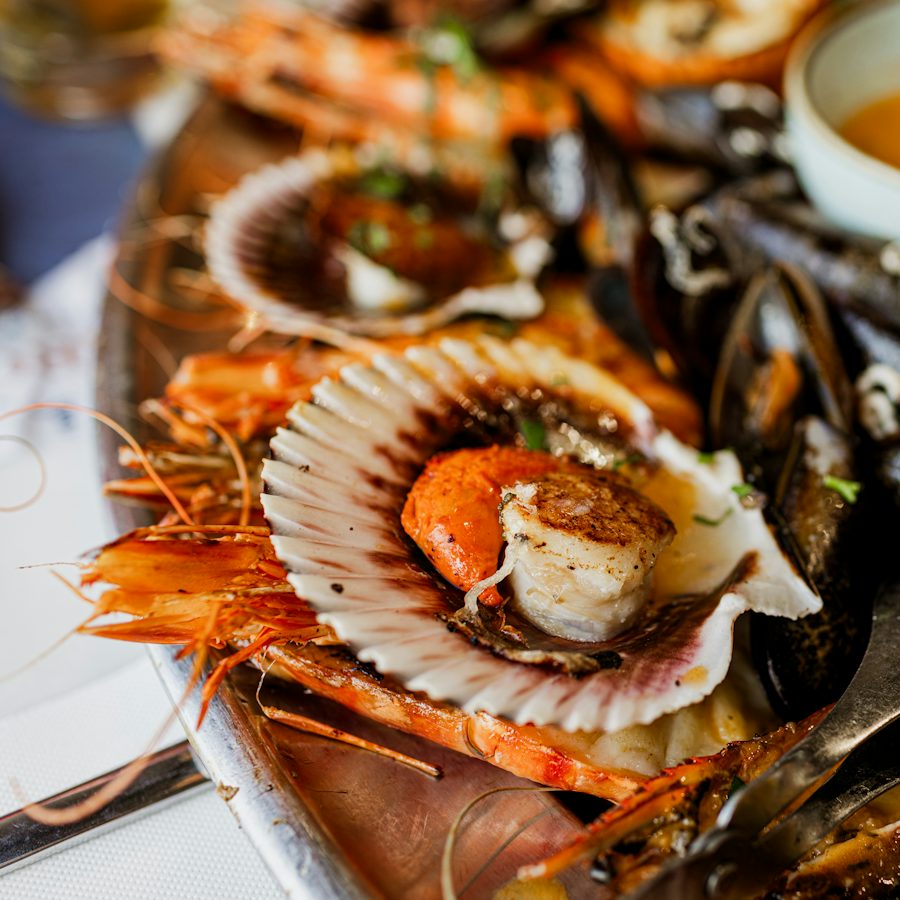 A seafood platter with mussels and prawns